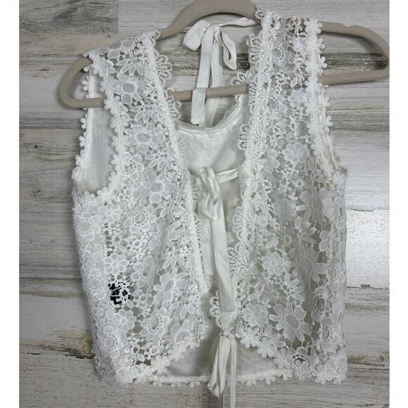 POL women small white lace floral tank top tie back new boho summer lightweight - Picture 2 of 5
